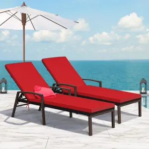 2pc Adjustable Wicker Rattan Patio Chaise Lounge Chair - Red