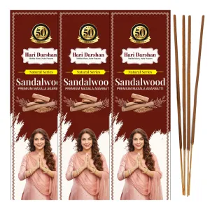 Hari Darshan Sandalwood Premium Masala Agarbatti Natural Incense Sticks -Pack of 3 | Approx 120 Sticks (40 Sticks,60gm Per Pack) | Long Lasting Fragrance for Daily Pooja, Havan, Meditation and Yoga