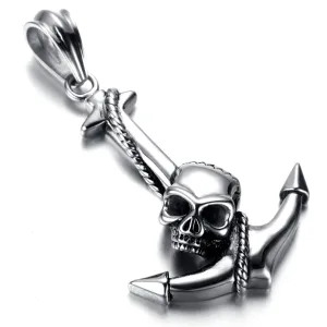 Pirate Metal Skull and Anchor Pendant Necklace Stainless Steel