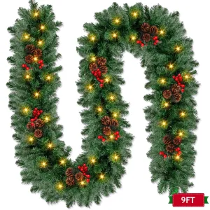 premium Yexmas 9ft Large Christmas Garland, Multi-Purpose Xmas Wreath with 60 LED Lights, Decorated with Pinecones, Berry Clusters, Battery Operated Green&3 pine cones