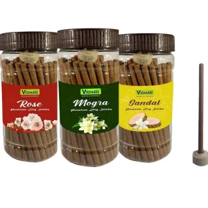 V, VIDHAN Dhoop Sticks Premium Jar 3X100Gm | No Bamboo | No Charcoal | Pooja Dhoop Sticks Rose Mogra Sandal Guggal Loban Aroma Pineapple Rudrkash Lilly Pack Of 3 Jar (Mograsandalrose)